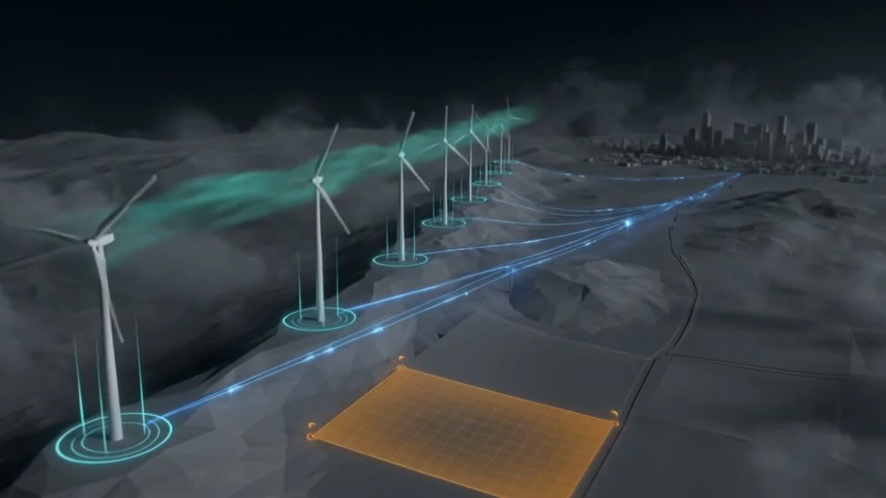 A 3D visualisation of a wind farm connected to the grid at dusk